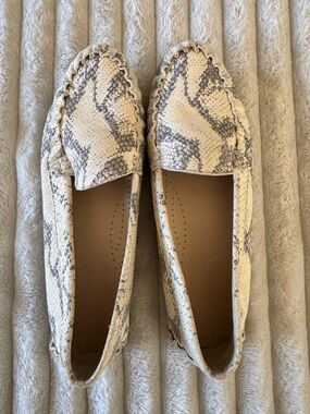 Cole Haan Ivory and Gray Snake-Print Leather Moccasins